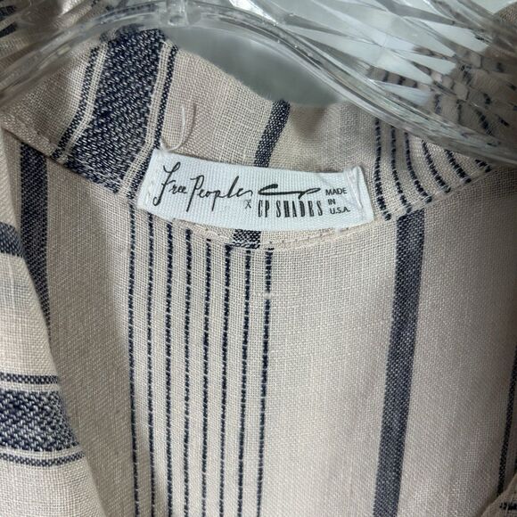 Free People x CP Shades Linen Striped Button Up Shirt Top Tan Navy Blue Sz. S - Picture 7 of 13